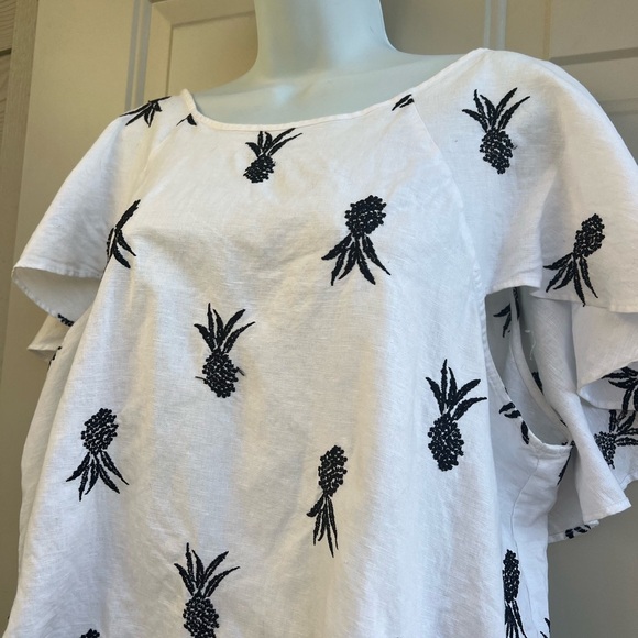 Ann Taylor White Flutter Sleeve Black Embroidered Blouse Linen Blend Size XXL - Picture 2 of 11